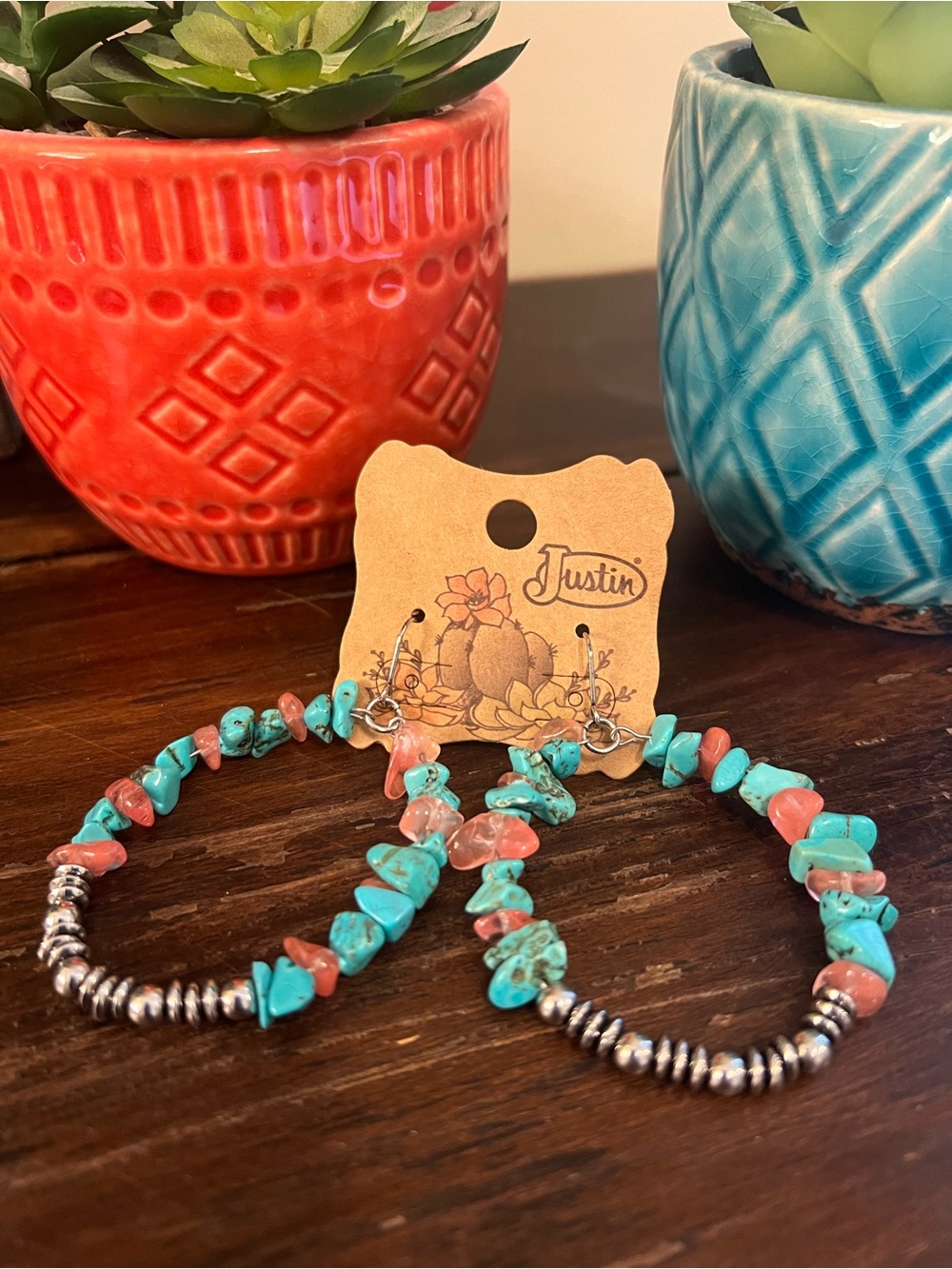 NWT Justin  Boots Turquoise Beaded Hoop Statement Earrings